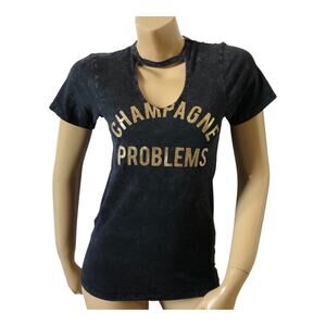 Express One Eleven Champagne Problems Graphic T Shirt Womens XS Keyhole Neck